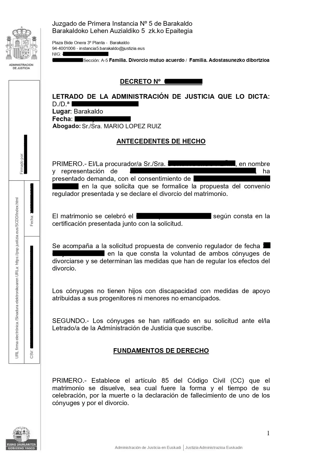 Decreto divorcio Tribunal Instancia Barakaldo Plaza 5 LOGARM ABOGADOS Mario López Ruiz