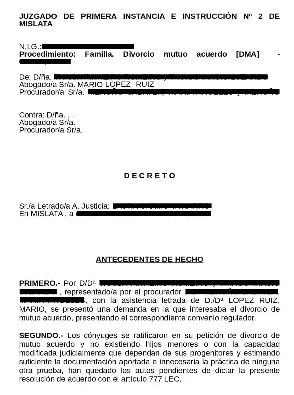 Decreto divorcio express Mislata — Juzgado de Primera Instancia e Instrucción nº 2 de Mislata — LOGARM ABOGADOS