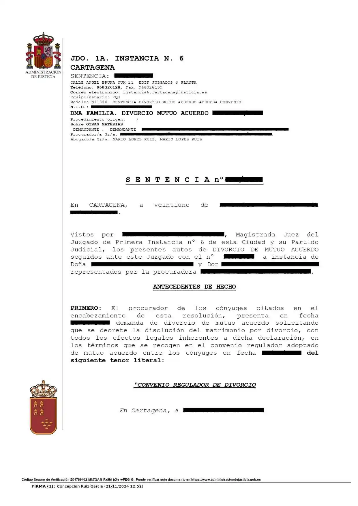 Sentencia de divorcio de mutuo acuerdo con hijos menores dictada por el Juzgado de Primera Instancia nº 6 de Cartagena, C/ Ángel Bruna 21 – abogado Mario López Ruiz, LOGARM ABOGADOS