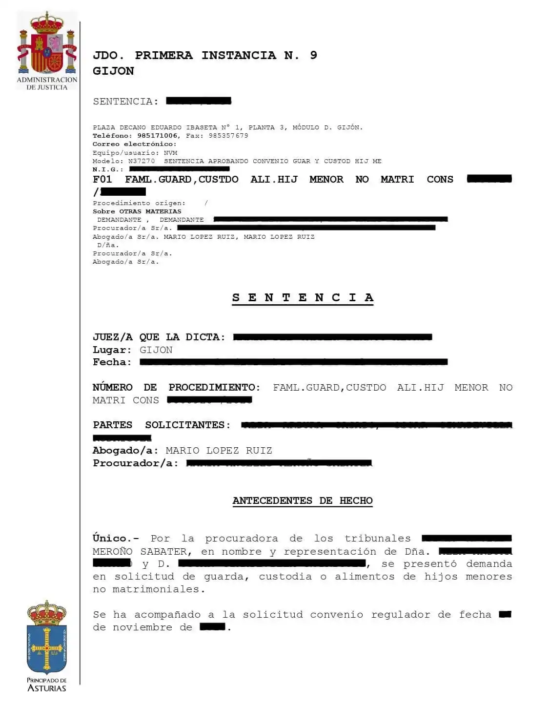 Sentencia del Juzgado de Primera Instancia nº 9 de Gijón en procedimiento de guarda y custodia de hijos menores no matrimoniales – abogado Mario López Ruiz, LOGARM ABOGADOS