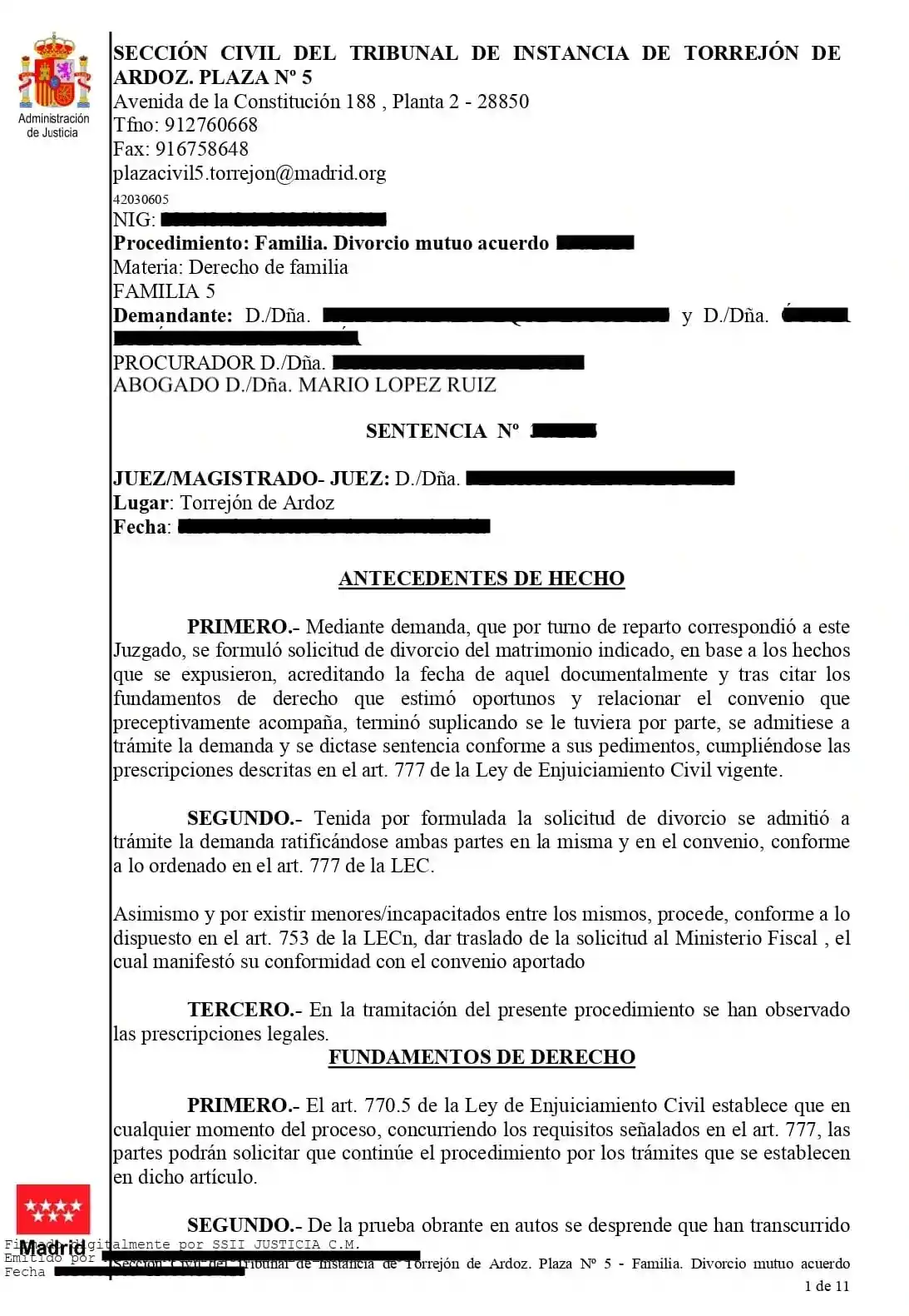 Sentencia divorcio con hijos menores Tribunal Instancia Torrejón de Ardoz Plaza 5 LOGARM ABOGADOS Mario López Ruiz
