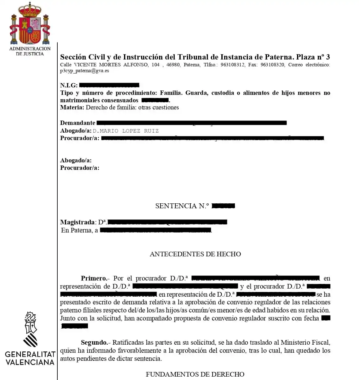 Sentencia medidas paterno filiales Sección Civil Tribunal Instancia Paterna Plaza 3 abogado Mario López Ruiz LOGARM ABOGADOS Ministerio Fiscal