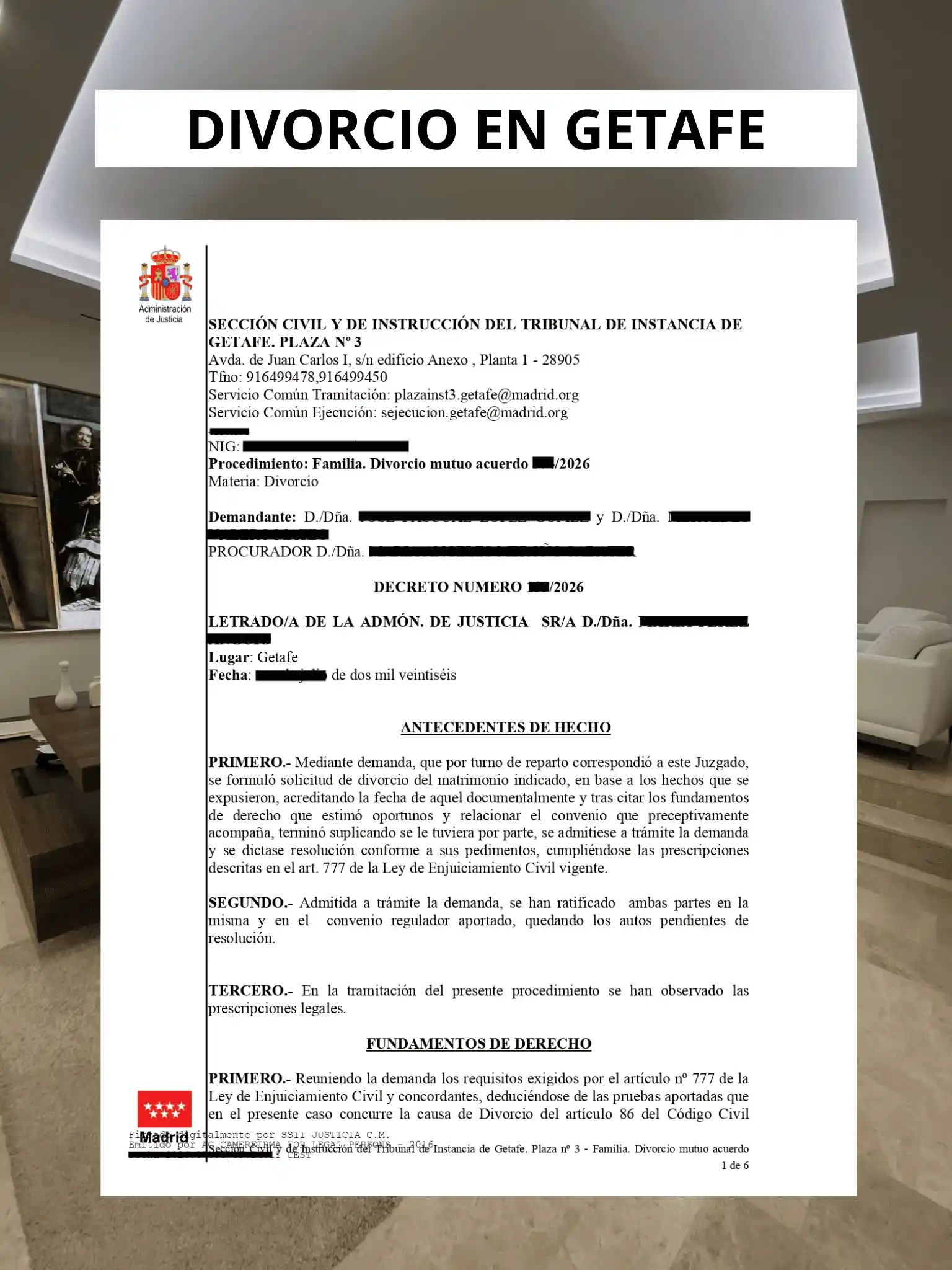 Decreto divorcio Tribunal Instancia Getafe Plaza 3 LOGARM ABOGADOS Mario López Ruiz
