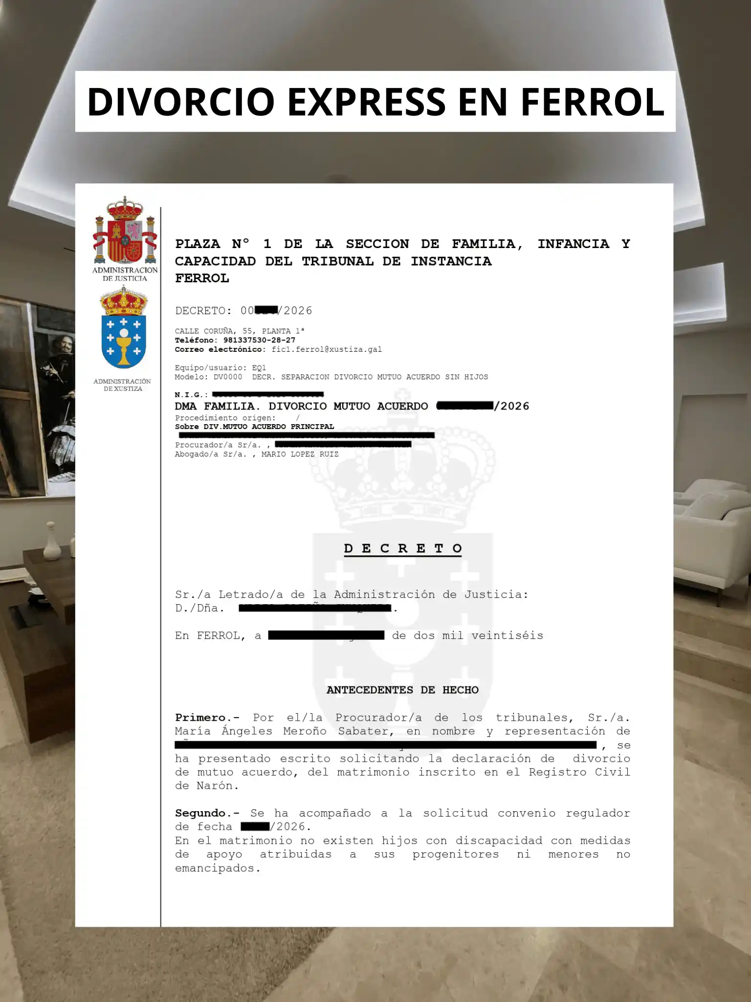 Decreto de divorcio express de la Plaza N.º 1 del Tribunal Instancia de Ferrol con abogado Mario López Ruiz