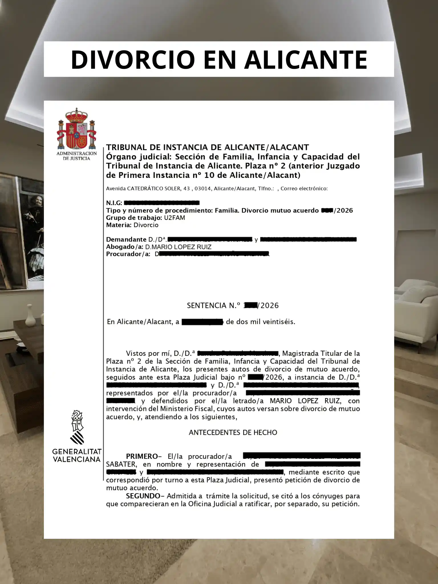 Sentencia divorcio express Tribunal Instancia Alicante Plaza 2 Mario López Ruiz
